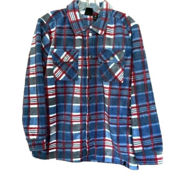 Quiksilver Boy's L (14/16) Fleece Shirt Jacket Shacket Pockets Snap Blue Plaid - Picture 6 of 12